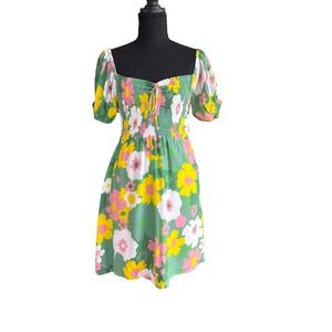 Faithfull The Brand Womens Floral Smocked Mini Dress Milkmaid Size S Boho Retro